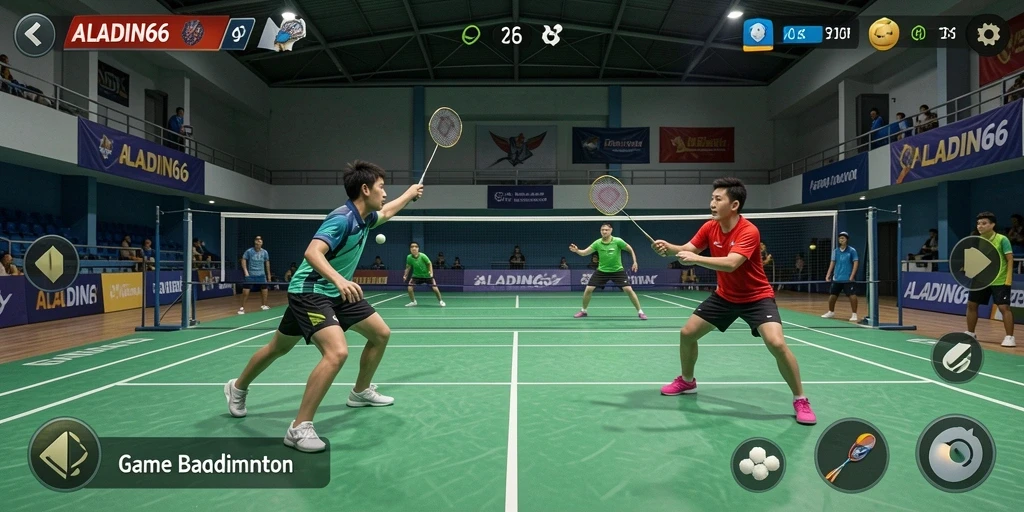 Screenshot dari ALADIN66 menampilkan gameplay badminton yang seru.