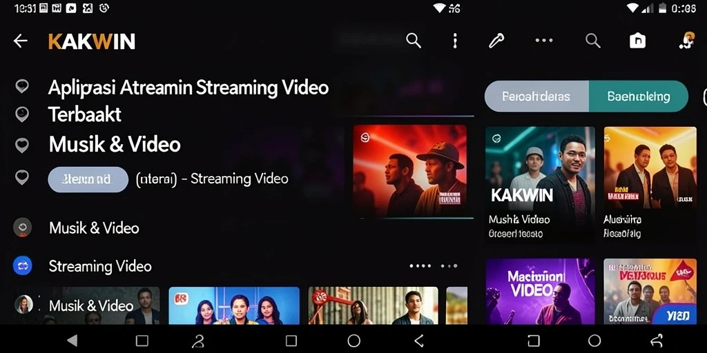 Antarmuka KAKWIN menampilkan berbagai konten musik dan video yang menarik.