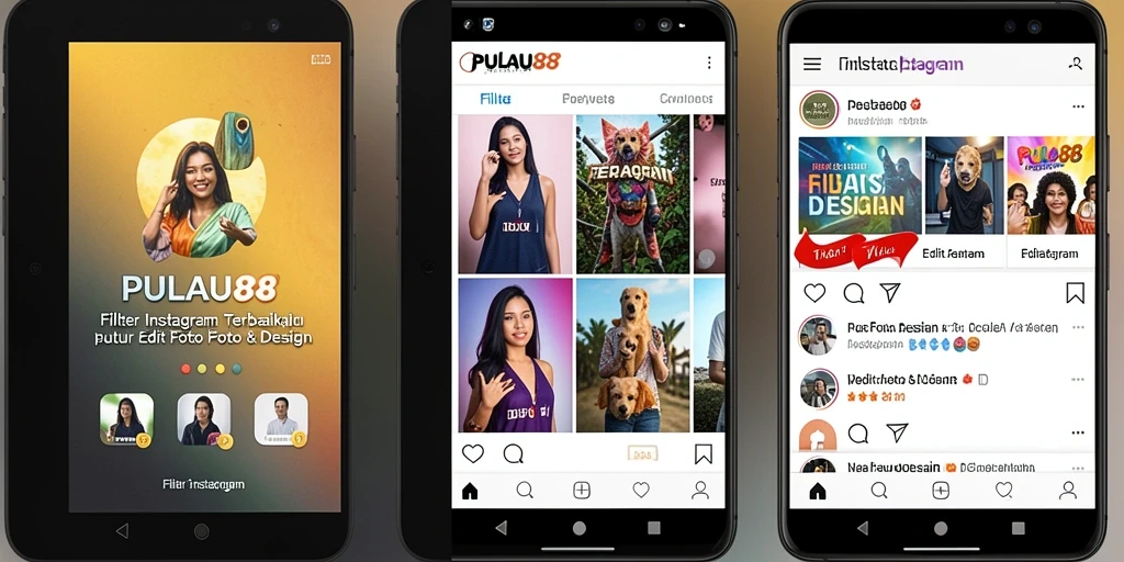 Antarmuka aplikasi PULAU88 dengan berbagai pilihan filter Instagram.